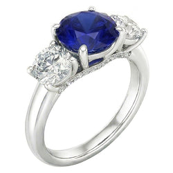 Bague Trois Pierres Saphir Bleu Rond & Diamants Ronds 2.50 Carats