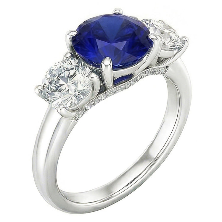 Bague Trois Pierres Saphir Bleu Rond & Diamants Ronds 2.50 Carats
