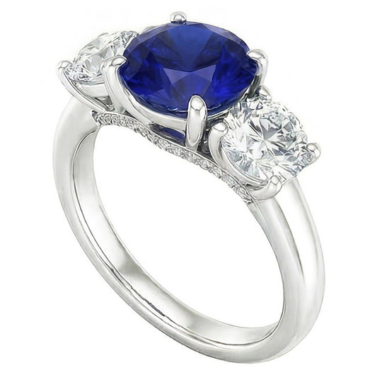 Bague Trois Pierres Saphir Bleu Rond & Diamants Ronds 2.50 Carats