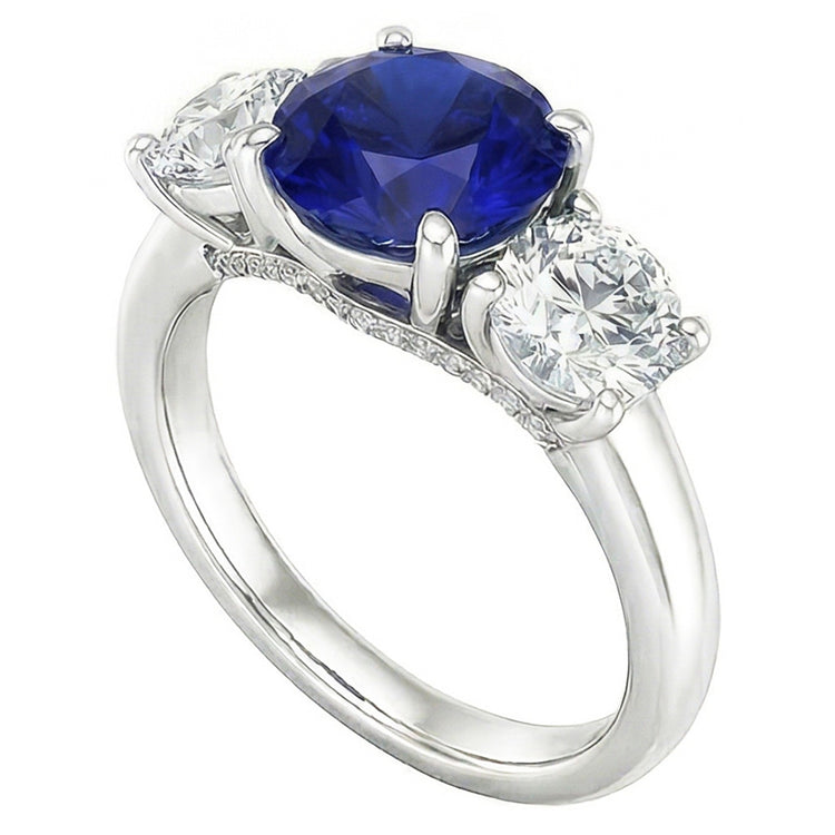 Bague Trois Pierres Saphir Bleu Rond & Diamants Ronds 2.50 Carats
