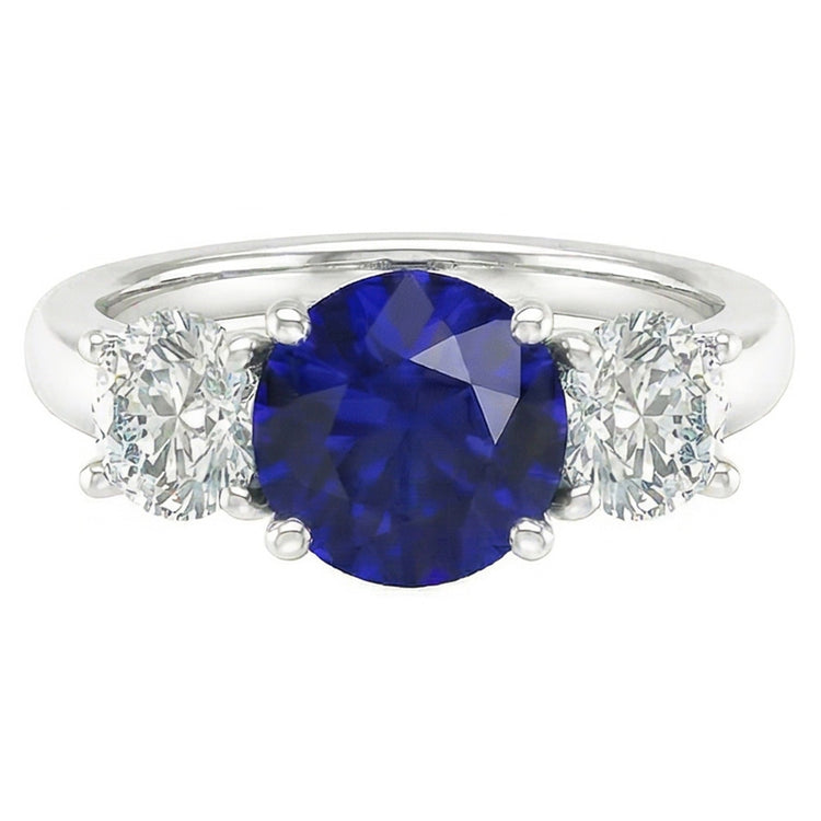 Bague Trois Pierres Saphir Bleu Rond & Diamants Ronds 2.50 Carats