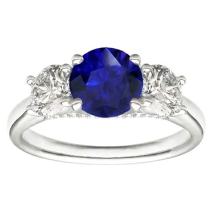 Bague Trois Pierres Saphir Bleu Rond & Diamants Ronds 2.50 Carats