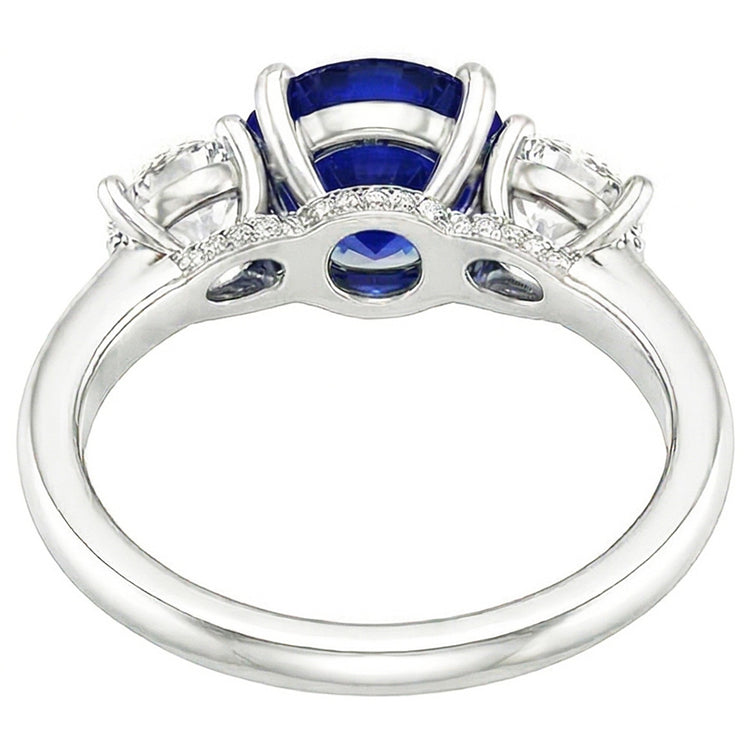 Bague Trois Pierres Saphir Bleu Rond & Diamants Ronds 2.50 Carats