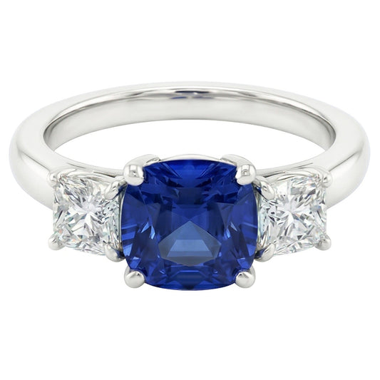 Bague Trois Pierres Saphir Bleu & Diamants Coussin Or 2 Carats 14K