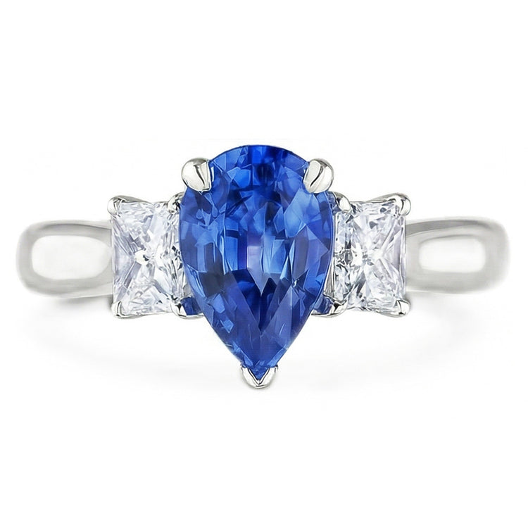 Bague Trois Pierres Saphir Ceylan Avec Diamants Naturels Extraits des Mines ( et non cultivés en laboratoire ) 3.50 Ct Or Blanc