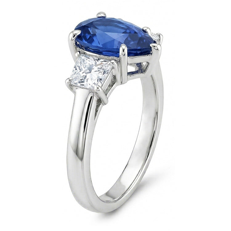 Bague Trois Pierres Saphir Ceylan Avec Diamants Naturels Extraits des Mines ( et non cultivés en laboratoire ) 3.50 Ct Or Blanc
