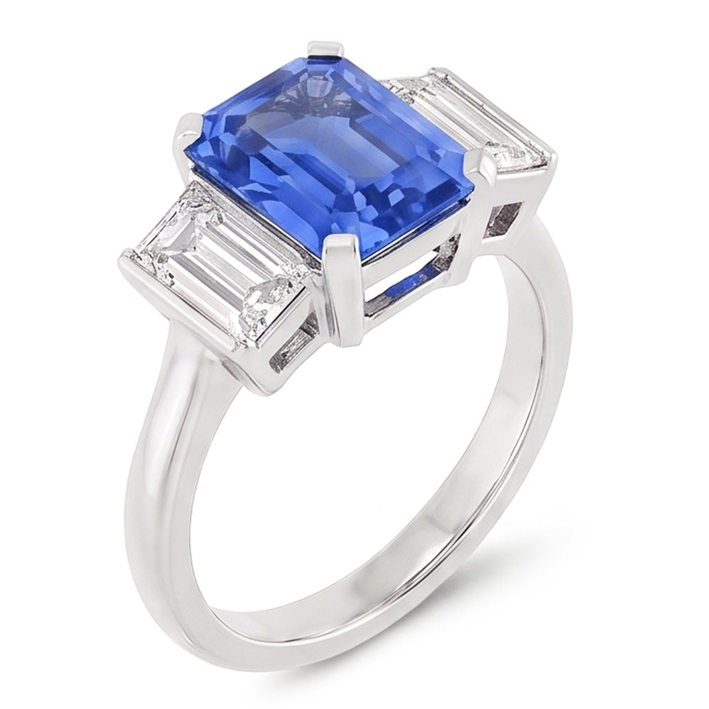 Bague Trois Pierres Saphir Radiant & Diamant Baguette Or 3.50 Carats