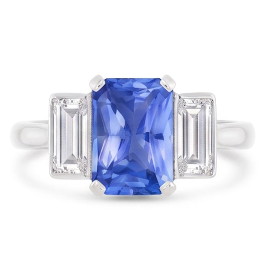 Bague Trois Pierres Saphir Radiant & Diamant Baguette Or 3.50 Carats