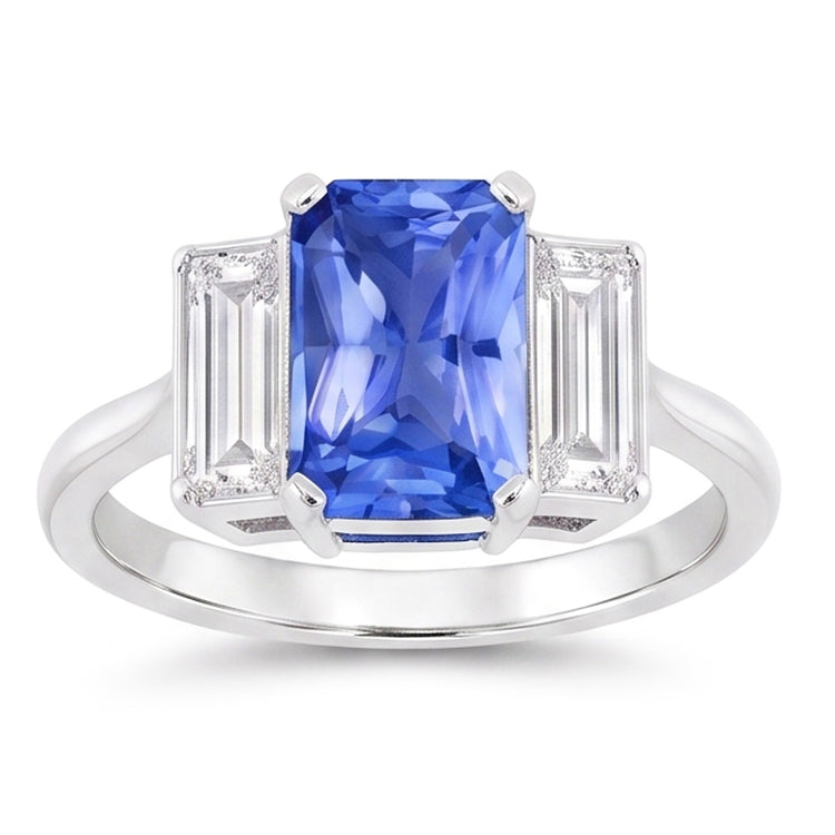 Bague Trois Pierres Saphir Radiant & Diamant Baguette Or 3.50 Carats
