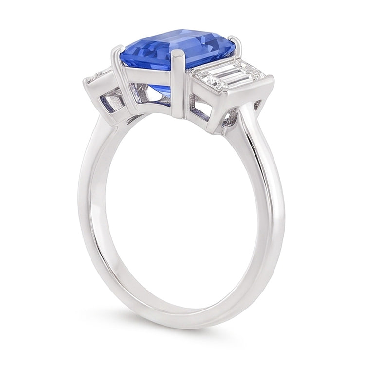Bague Trois Pierres Saphir Radiant & Diamant Baguette Or 3.50 Carats