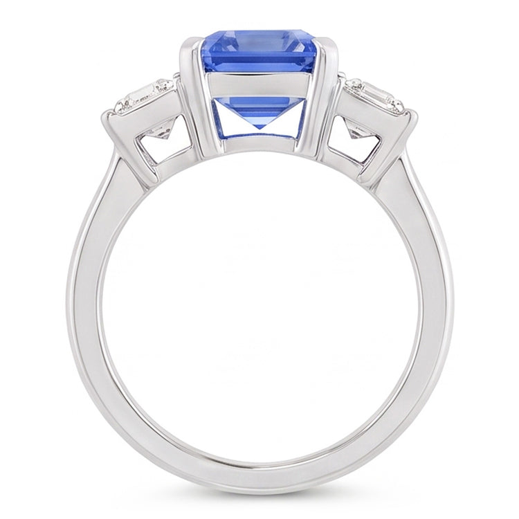 Bague Trois Pierres Saphir Radiant & Diamant Baguette Or 3.50 Carats