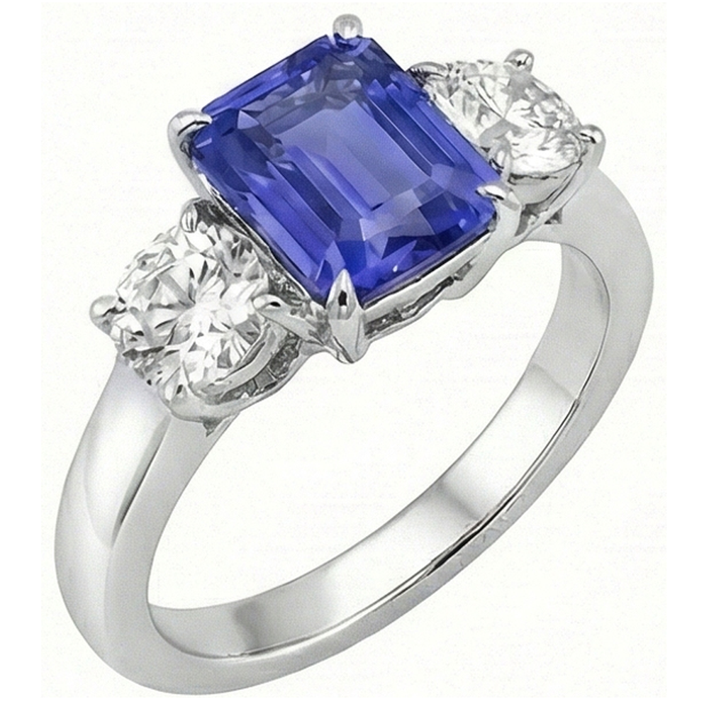 Bague Trois Pierres Style Antique Emeraude Ceylan Saphir 3 Carats