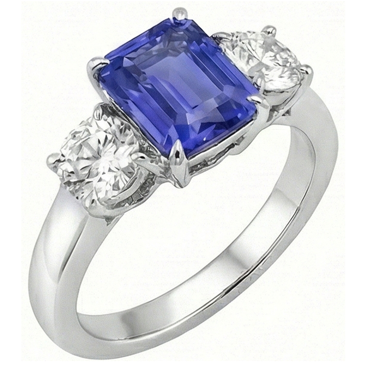 Bague Trois Pierres Style Antique Emeraude Ceylan Saphir 3 Carats