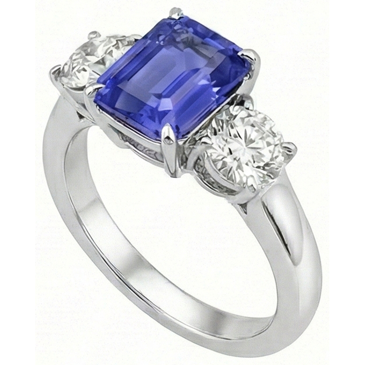 Bague Trois Pierres Style Antique Emeraude Ceylan Saphir 3 Carats