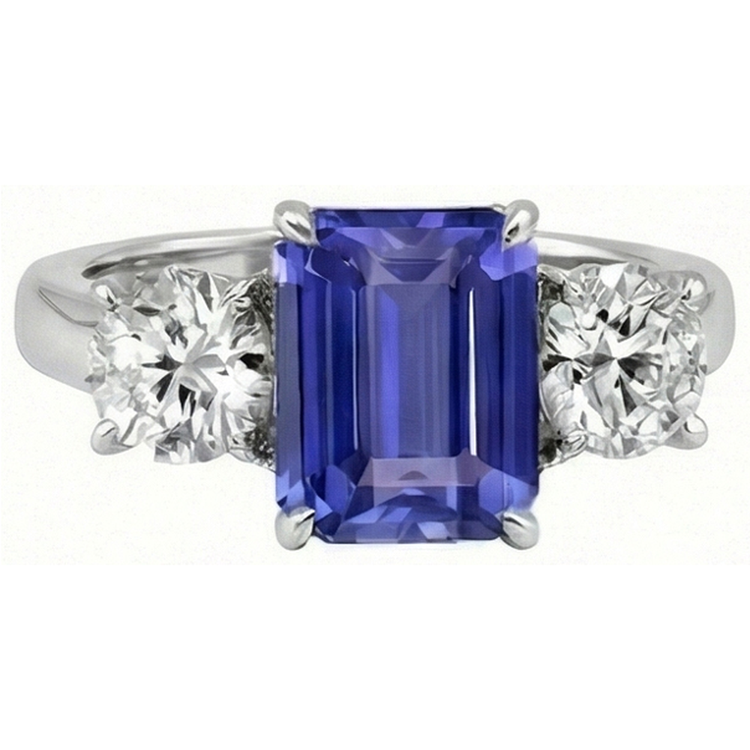 Bague Trois Pierres Style Antique Emeraude Ceylan Saphir 3 Carats