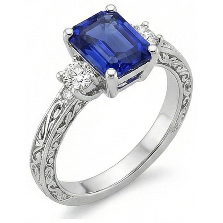 Bague Trois Pierres Style Antique Saphir Bleu & Diamants Naturels Extraits des Mines ( et non cultivés en laboratoire ) 4.50 Carats
