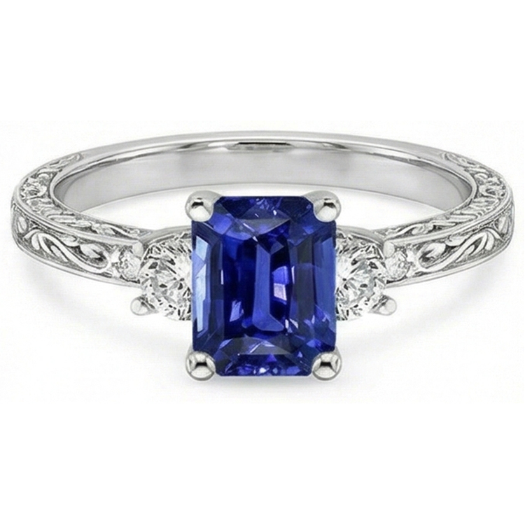 Bague Trois Pierres Style Antique Saphir Bleu & Diamants Naturels Extraits des Mines ( et non cultivés en laboratoire ) 4.50 Carats