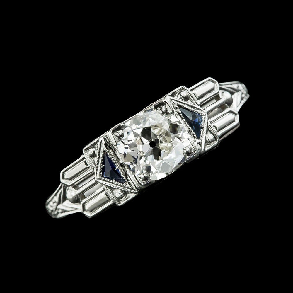 Bague Trois Pierres Vieux mineur Réel Diamant Rond & Trillion Saphir 2 Carats