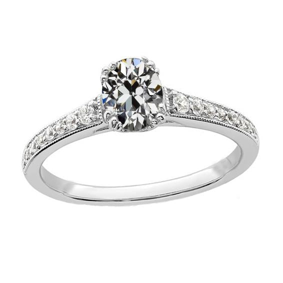 Bague Véritable Diamant Ovale Taille Vieille Mine Triple Sertie Or 3.40 Carats