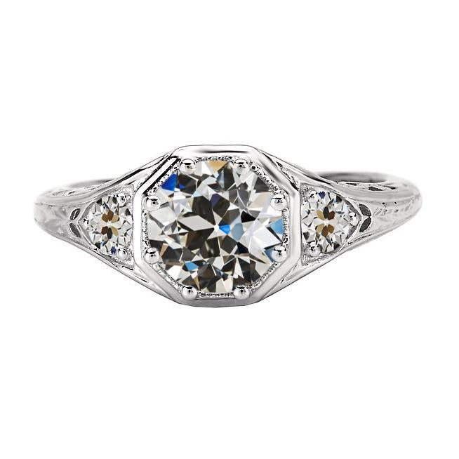 Bague Véritable Diamant Rond Taille Ancienne 3 Pierres De Style Antique 4.50 Carats