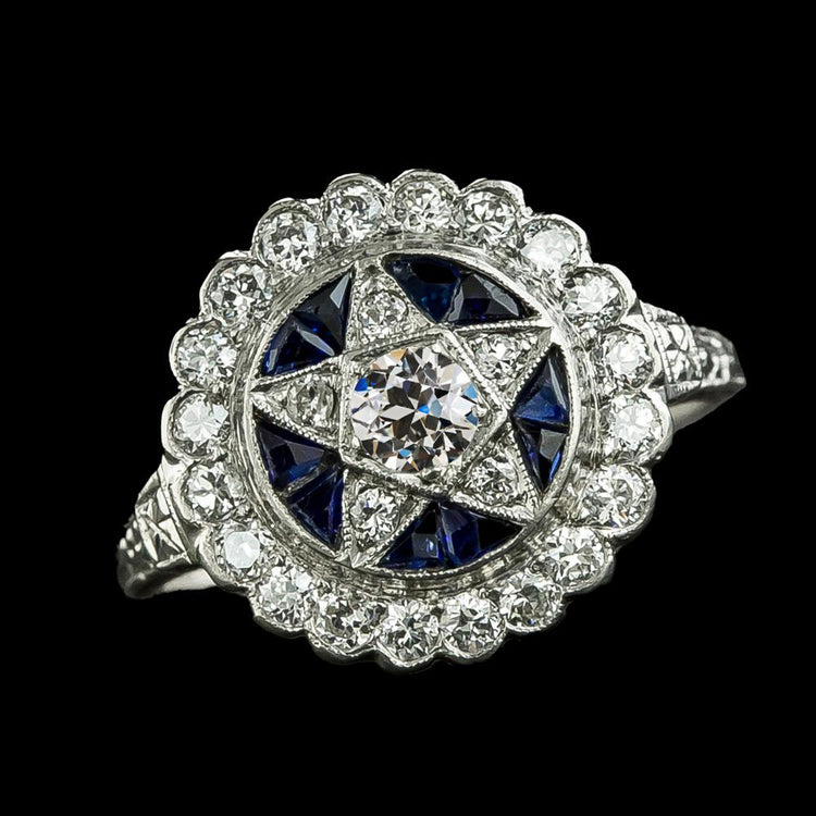 Bague Véritable Diamant Rond Taille Ancienne Saphir Bleu Style Fleur Etoile 3 Carats