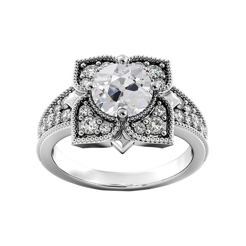 Bague Véritable Diamant Rond Taille Vieille Mine Fleur Style Antique 3.25 Carats