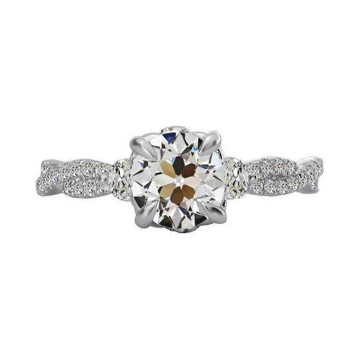 Bague Véritable Diamant Rond Taille Vieille Mine Pavé Tige Torsadée 5 Carats