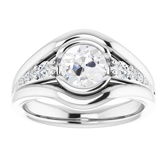 Bague Véritable Diamant Rond Vieux Mineur Demi Lunette Sertie 3.25 Carats Or Blanc