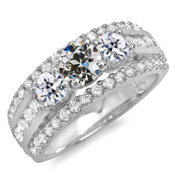 Bague Véritable Diamant Rond Vieux Mineur Style 3 Pierres Or 14K 6 Carats