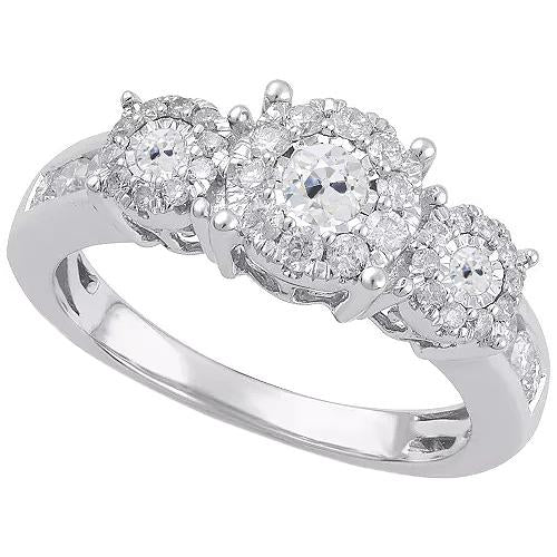 Bague Véritable Diamant Rond Vieux Mineur Style 3 Pierres Or Blanc 3 Carats