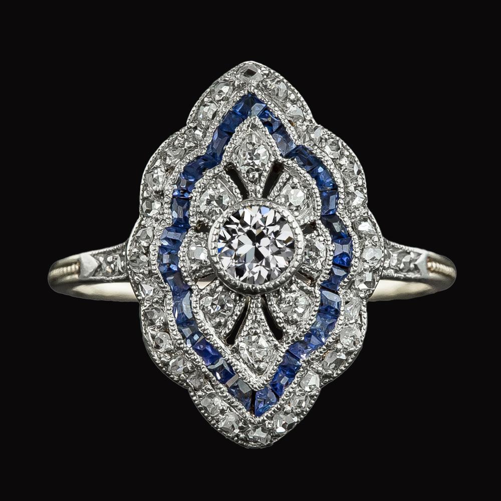 Bague Véritable Diamant Vintage Style Vieux Mineur & Saphirs Trapèzes 3.50 Carats