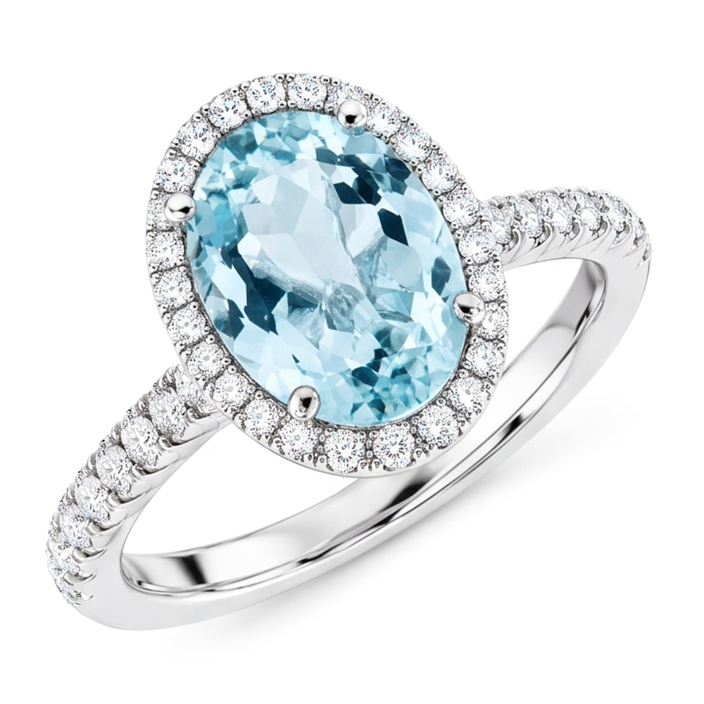 Bague aigue-marine ovale de 11.70 ct et diamants ronds en or blanc 14K
