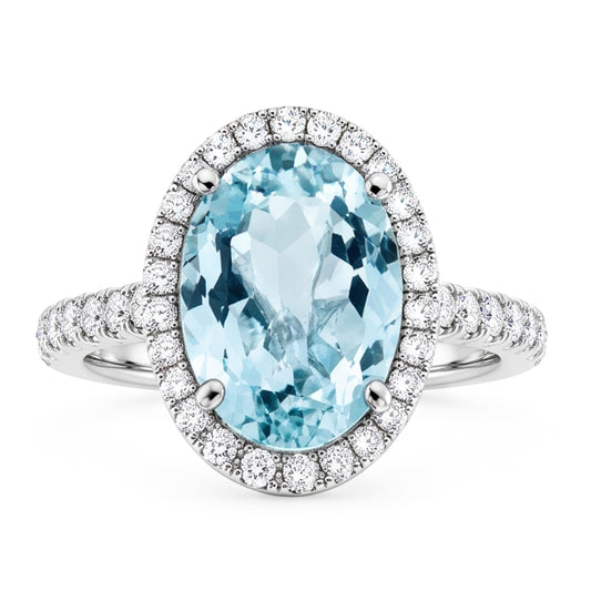 Bague aigue-marine ovale de 11.70 ct et diamants ronds en or blanc 14K