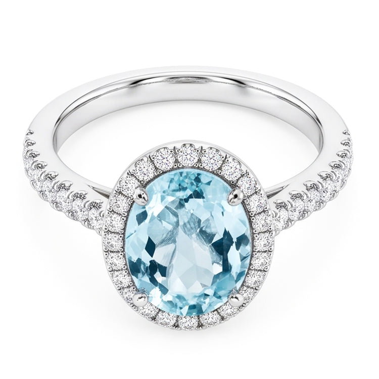 Bague aigue-marine ovale de 11.70 ct et diamants ronds en or blanc 14K