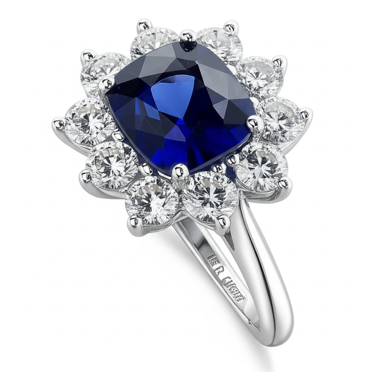 Bague anniversaire 3.50 ct avec saphir taille coussin et diamants Blanc