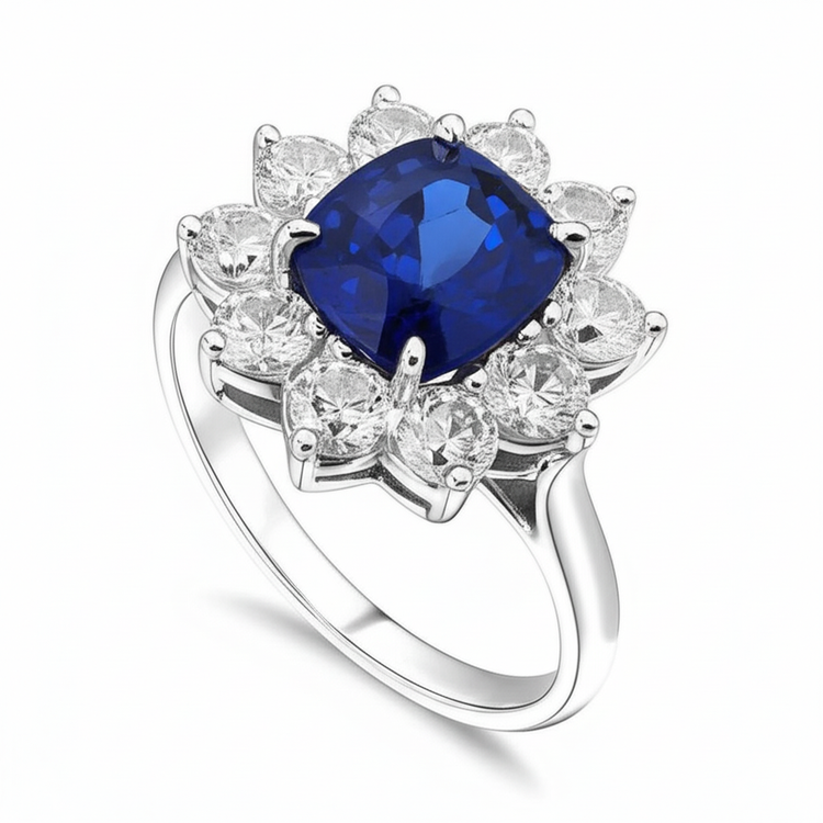 Bague anniversaire 3.50 ct avec saphir taille coussin et diamants Blanc