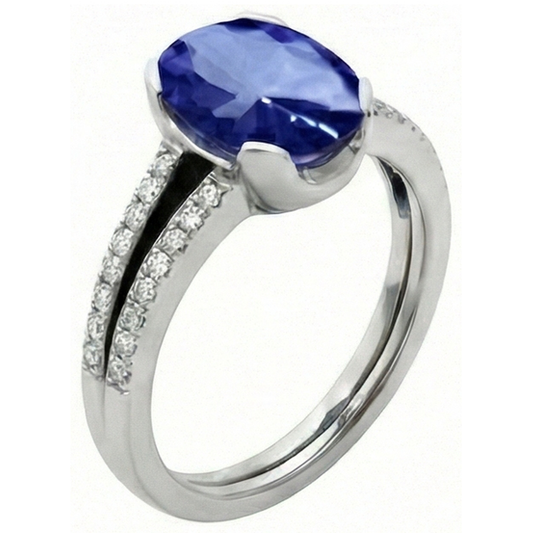 Bague anniversaire 3.75 carats avec diamant rond ovale en saphir bleu de Ceylan