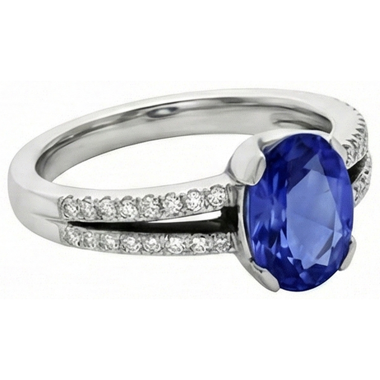 Bague anniversaire 3.75 carats avec diamant rond ovale en saphir bleu de Ceylan