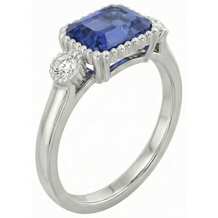 Bague anniversaire 3 pierres sertie diamant et saphir bleu 2.75 carats