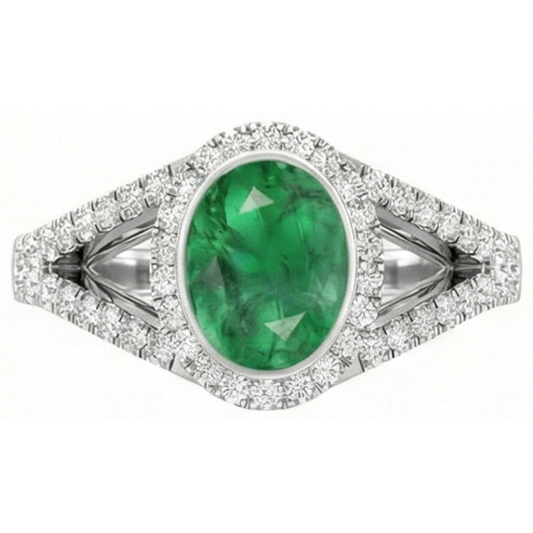 Bague anniversaire émeraude Vert et diamants sertis clos 4.25 ct or blanc