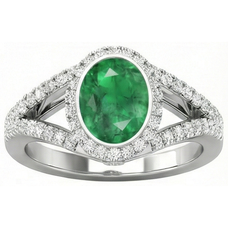 Bague anniversaire émeraude Vert et diamants sertis clos 4.25 ct or blanc