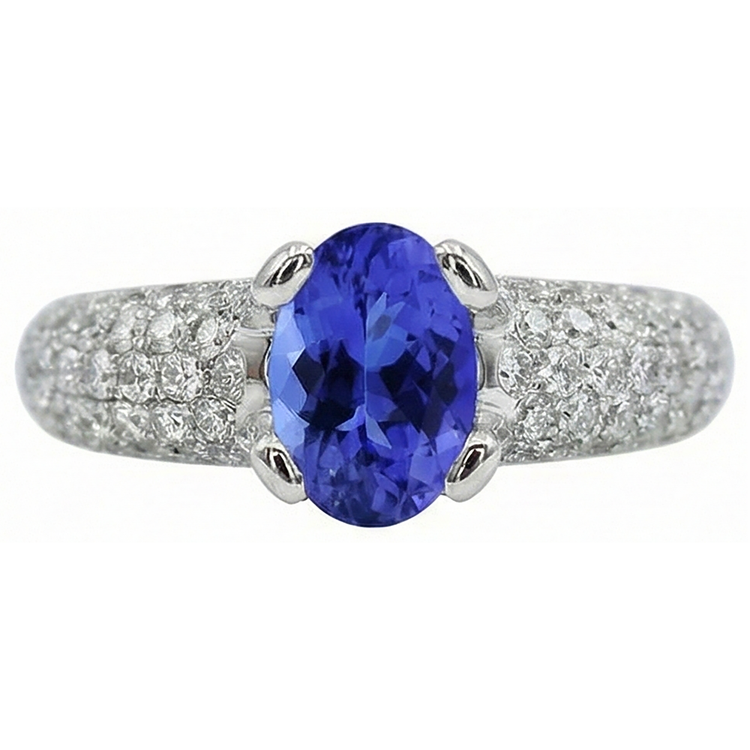 Bague avec pierres précieuses tanzanite bleue et diamants en or 2.5 ct 14K