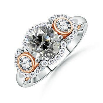 Bague bicolore 3 pierres halo Réel diamant taille ancienne mine 3.25 carats