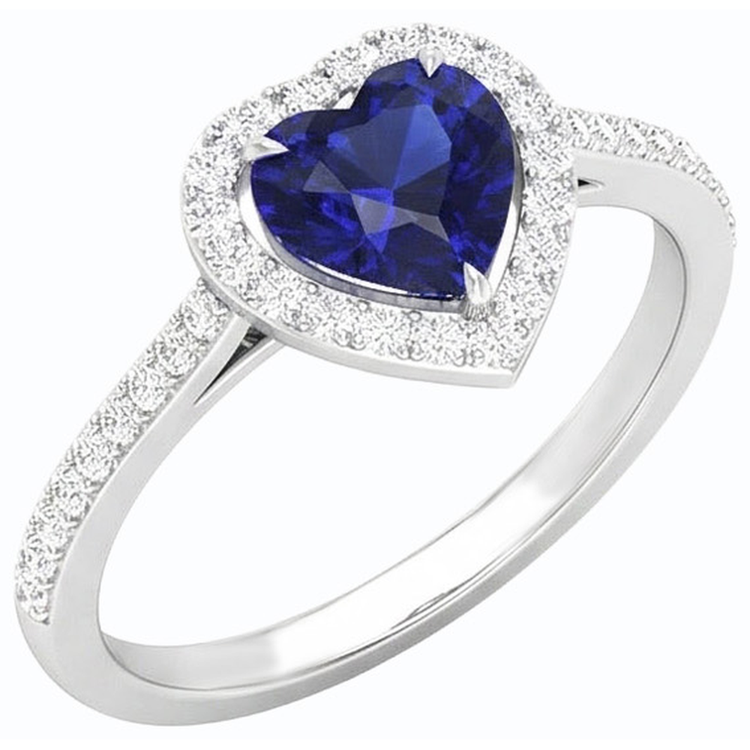 Bague coeur saphir bleu halo et serti de diamants 2.50 carats