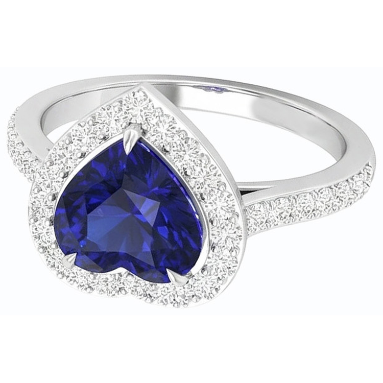 Bague coeur saphir bleu halo et serti de diamants 2.50 carats