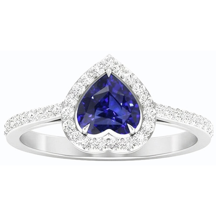 Bague coeur saphir bleu halo et serti de diamants 2.50 carats