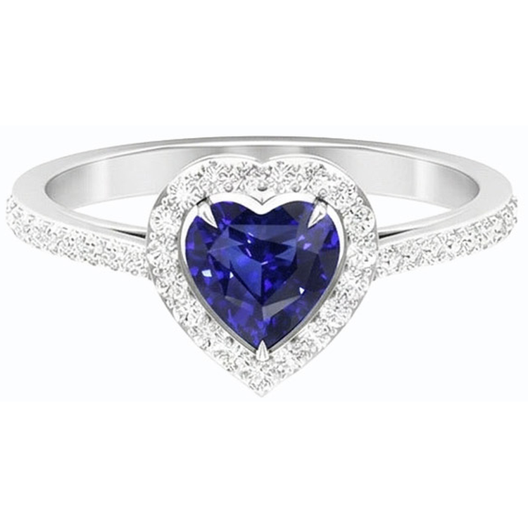 Bague coeur saphir bleu halo et serti de diamants 2.50 carats