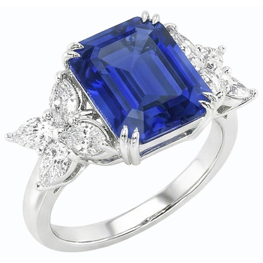 Bague dame diamant pierres précieuses taille émeraude saphir de Ceylan or 4 carats