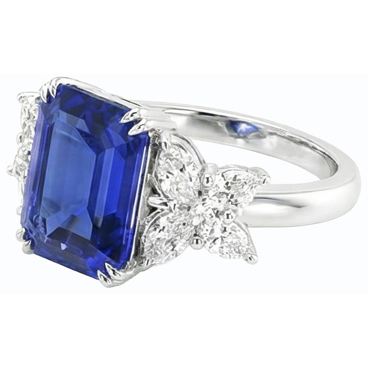 Bague dame diamant pierres précieuses taille émeraude saphir de Ceylan or 4 carats