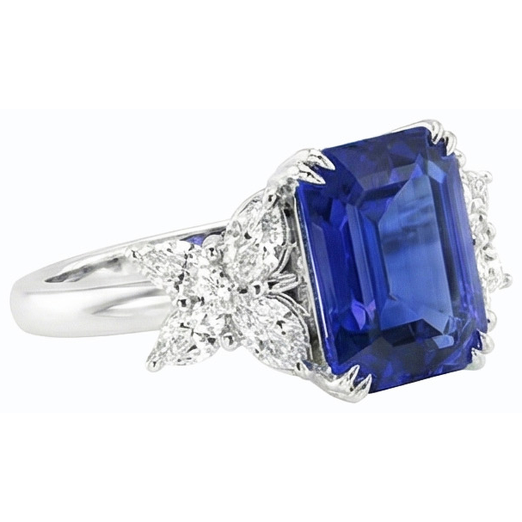 Bague dame diamant pierres précieuses taille émeraude saphir de Ceylan or 4 carats